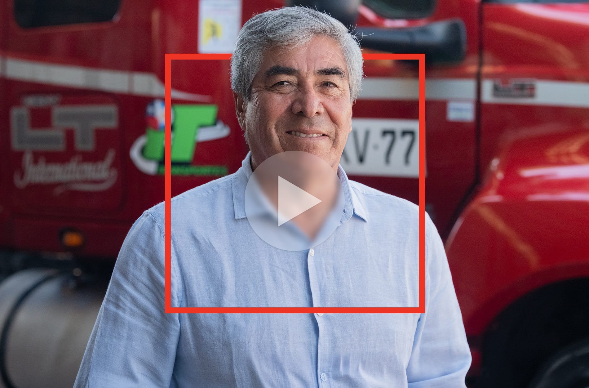 Luiz Nunez portrait with stylized red box and play button